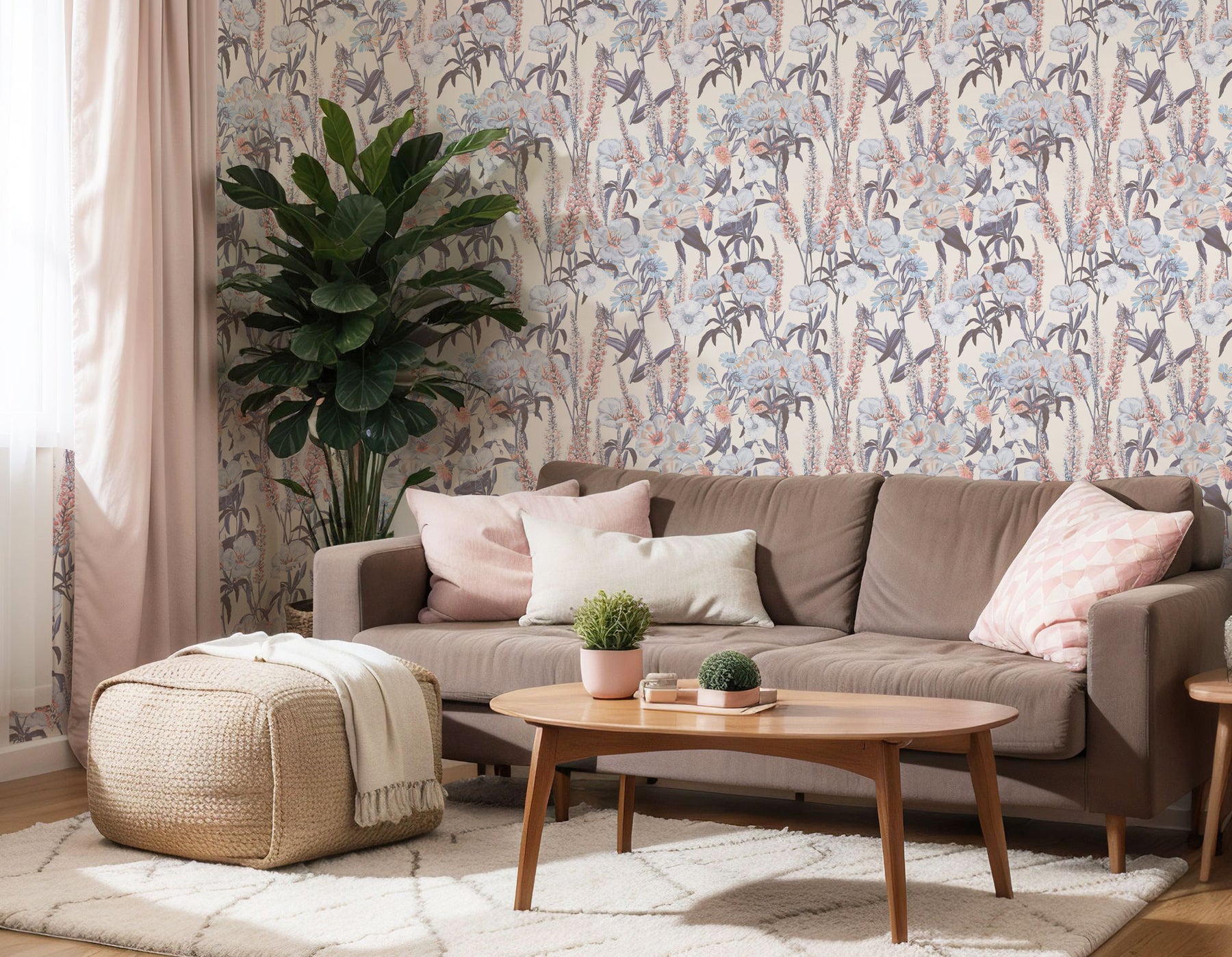 repeat pattern removable floral wallpaper in a modern living room
