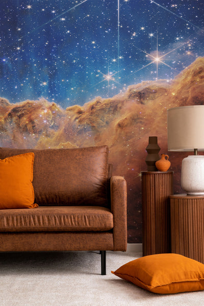 space galaxy wallpaper mural in a living room 