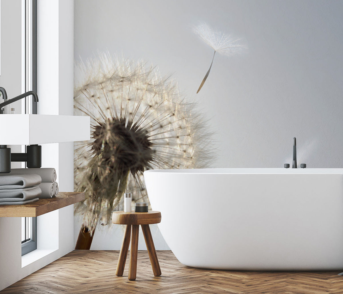 Dandelion blowing seeds in the wind Wall Mural