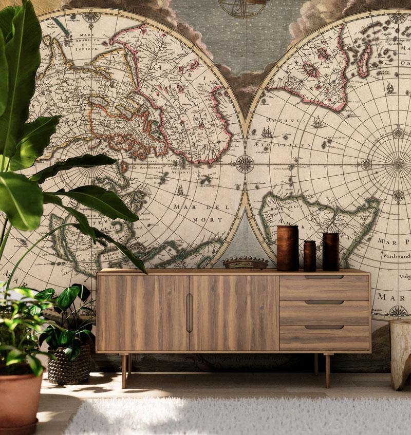 1672 Vintage Planiglobe map of the world Wall Mural-Wall Mural-Eazywallz