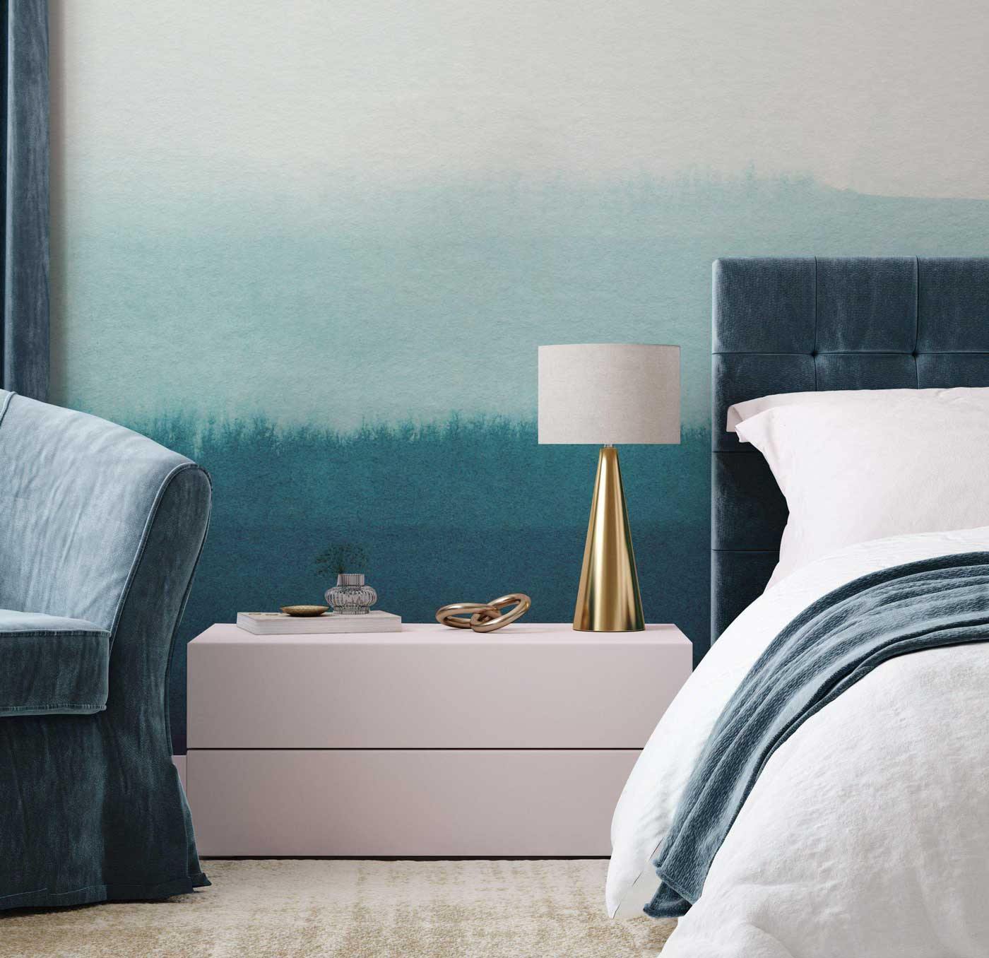 A bedroom showcasing the 'Backwoods Color Block Wall Mural'