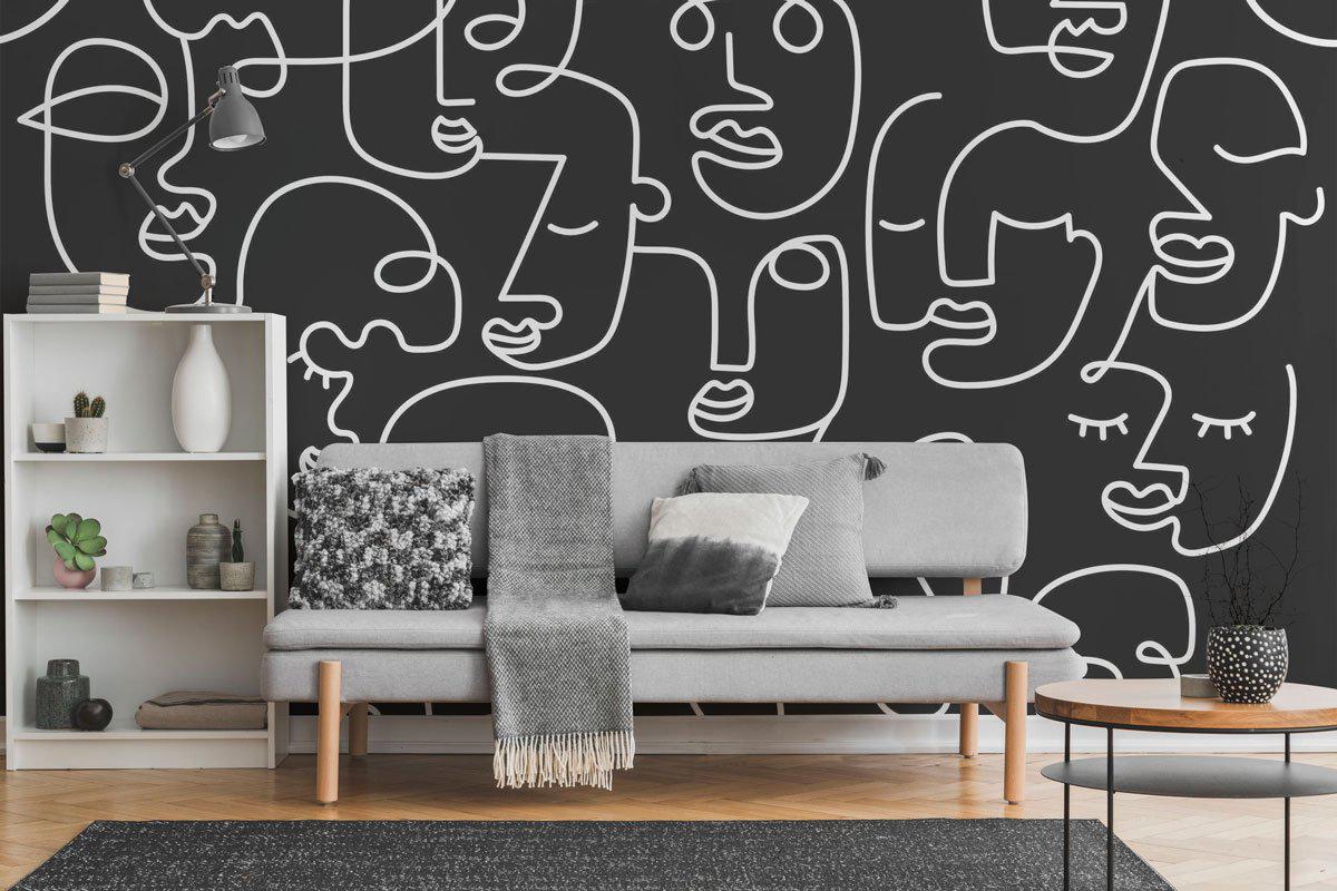 Black Abstract Line Faces Wall Mural-Wall Mural-Eazywallz