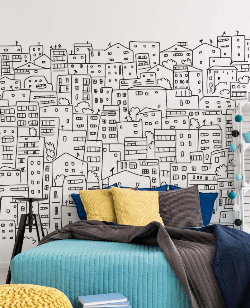 Black and White City Sketch Mural-Wall Mural-Eazywallz