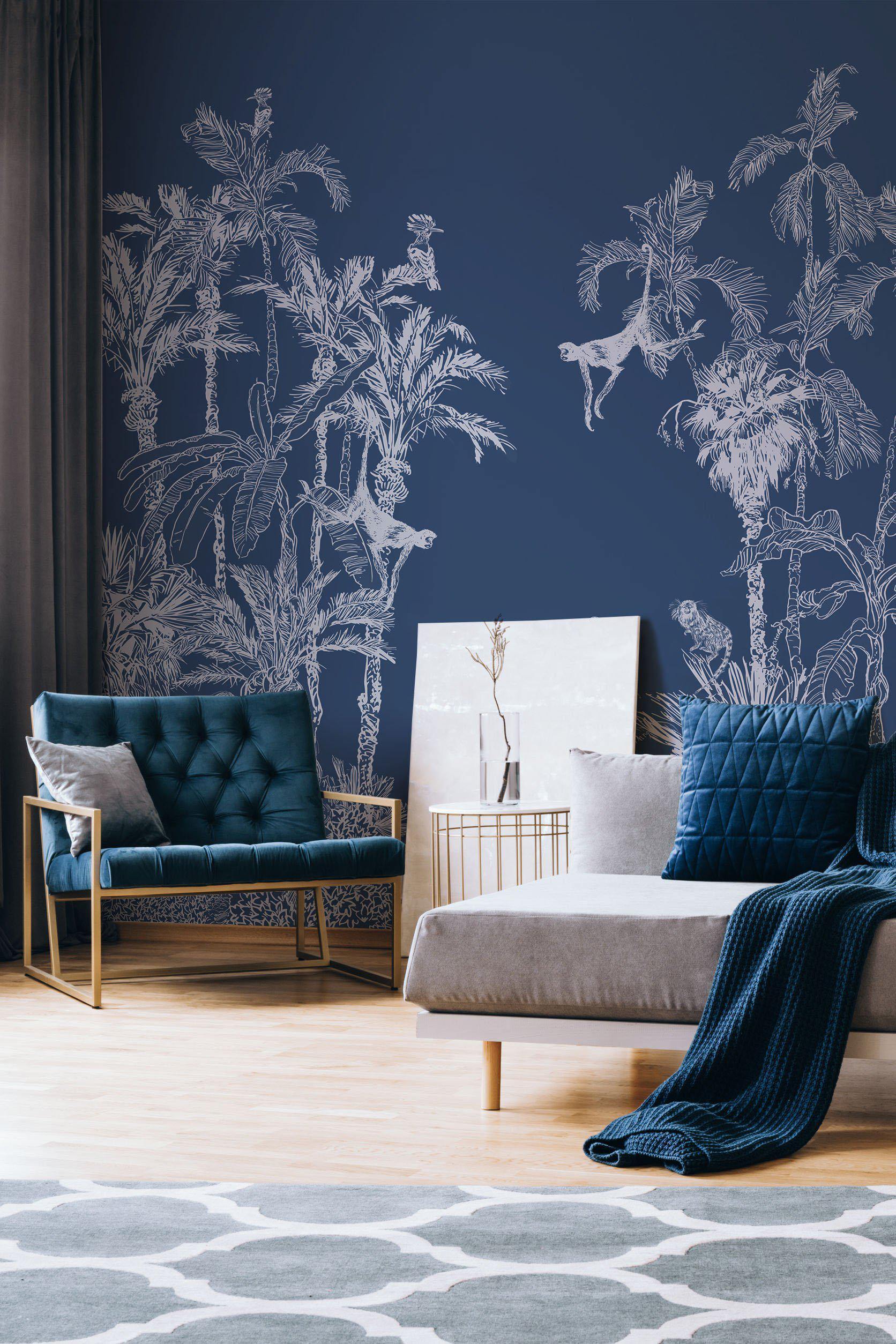 Blue Jungle Dream Toile Wall Mural-Wall Mural-Eazywallz