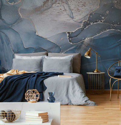 Blue White Gold Ink Abstract-Wall Mural-Eazywallz
