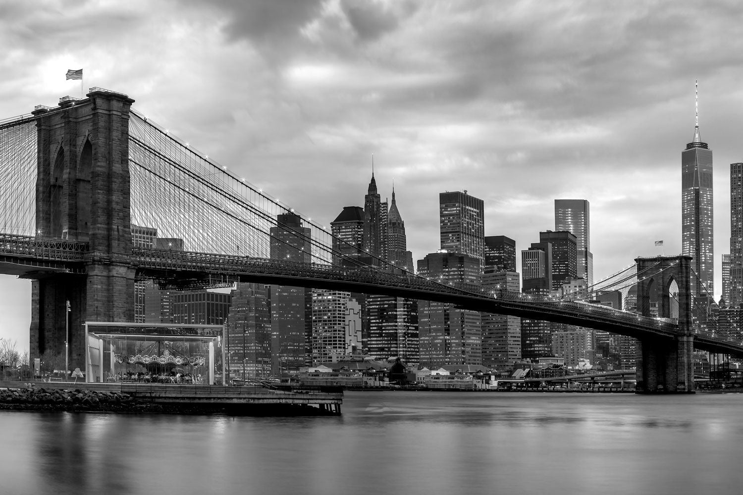 Brooklyn Bridge at night in black and white Wall Mural-Wall Mural-Eazywallz