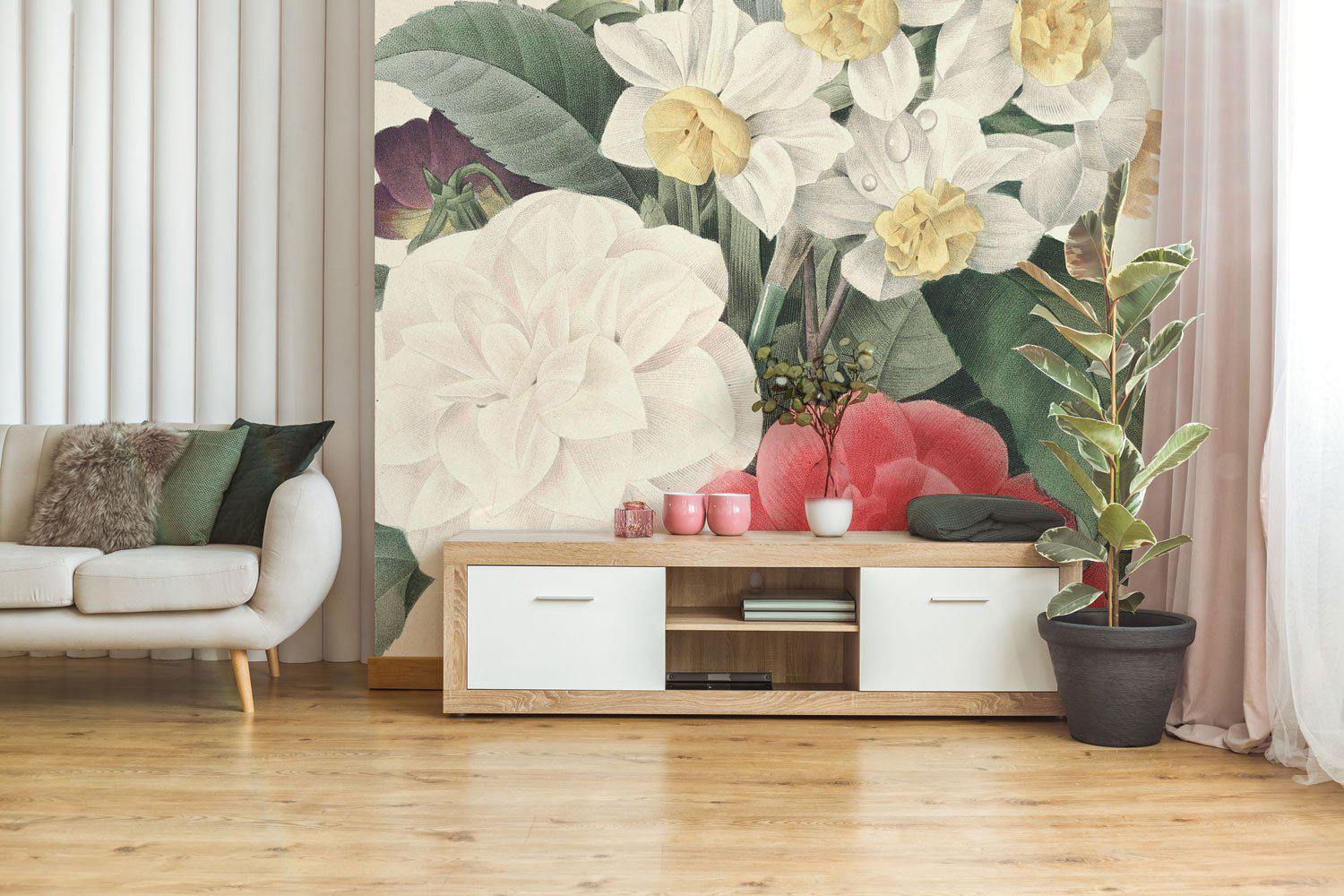 Camellia Narcissus Viola Bouquet Mural-Wall Mural-Eazywallz