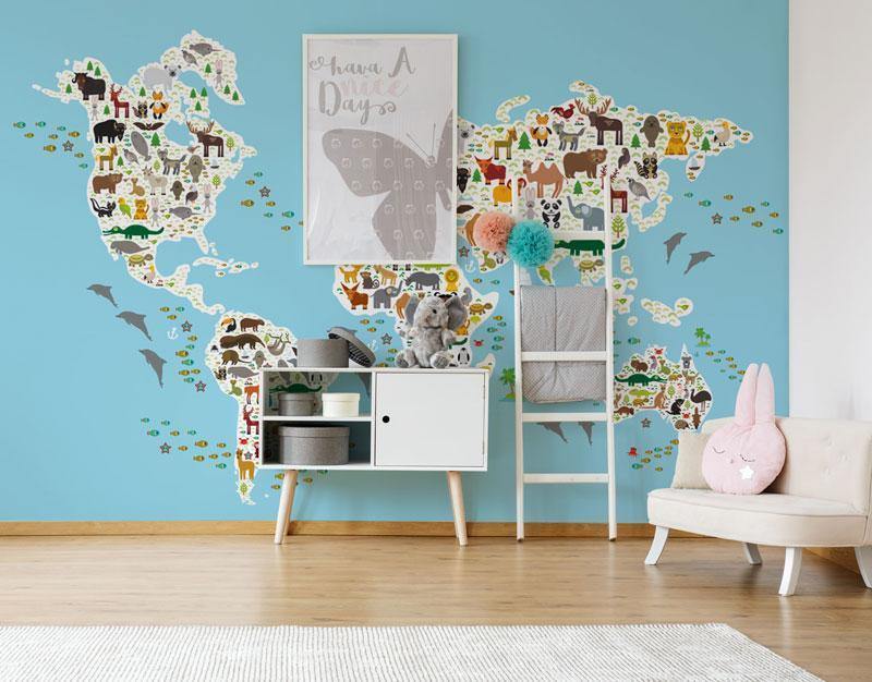 Cartoon Animal Map Wall Mural-Wall Mural-Eazywallz