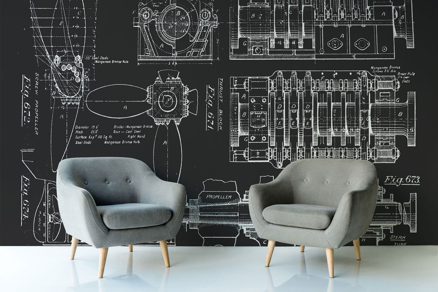 Charcoal Vintage Boat Engine Blueprint Wall Mural