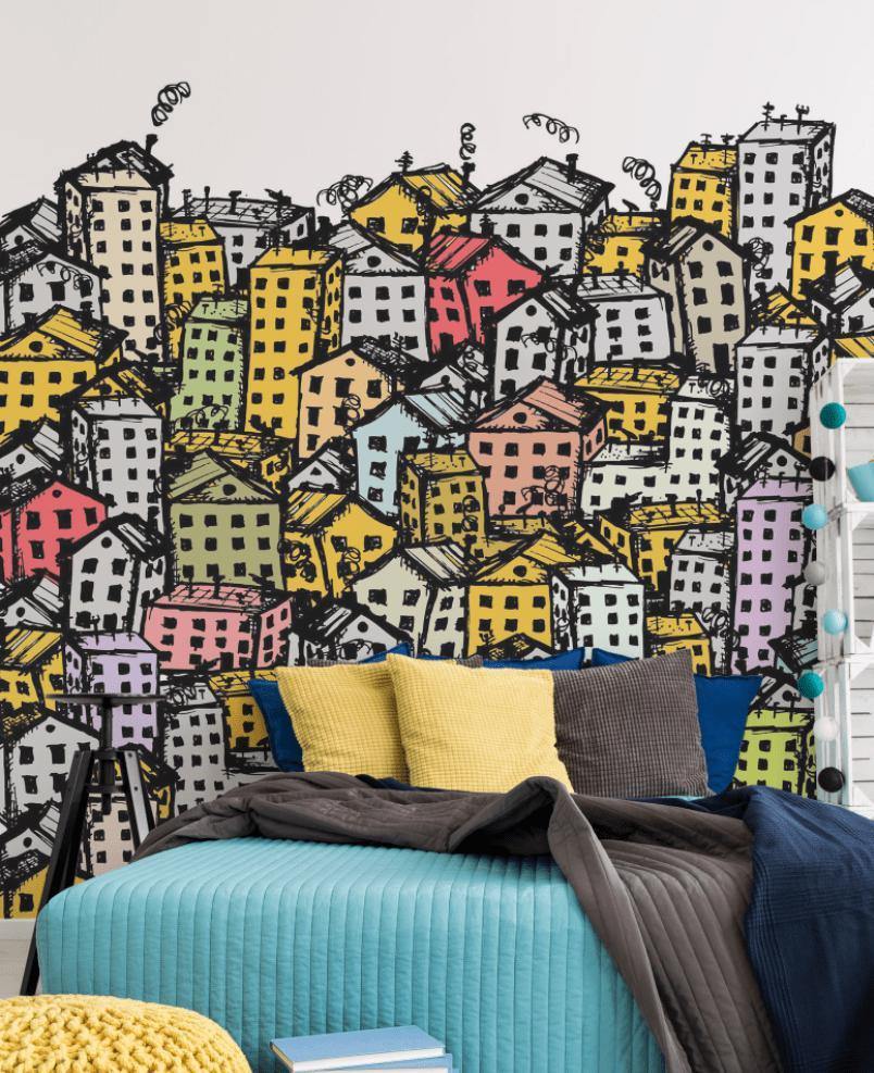 Colourful City Sketch Wall Mural-Wall Mural-Eazywallz