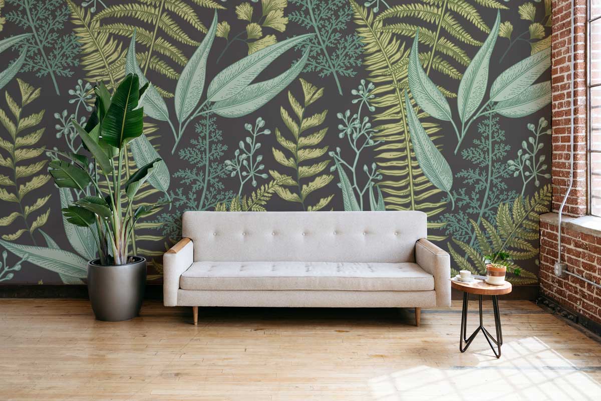 Dark Botanical Leaves Wall Mural-Wall Mural-Eazywallz