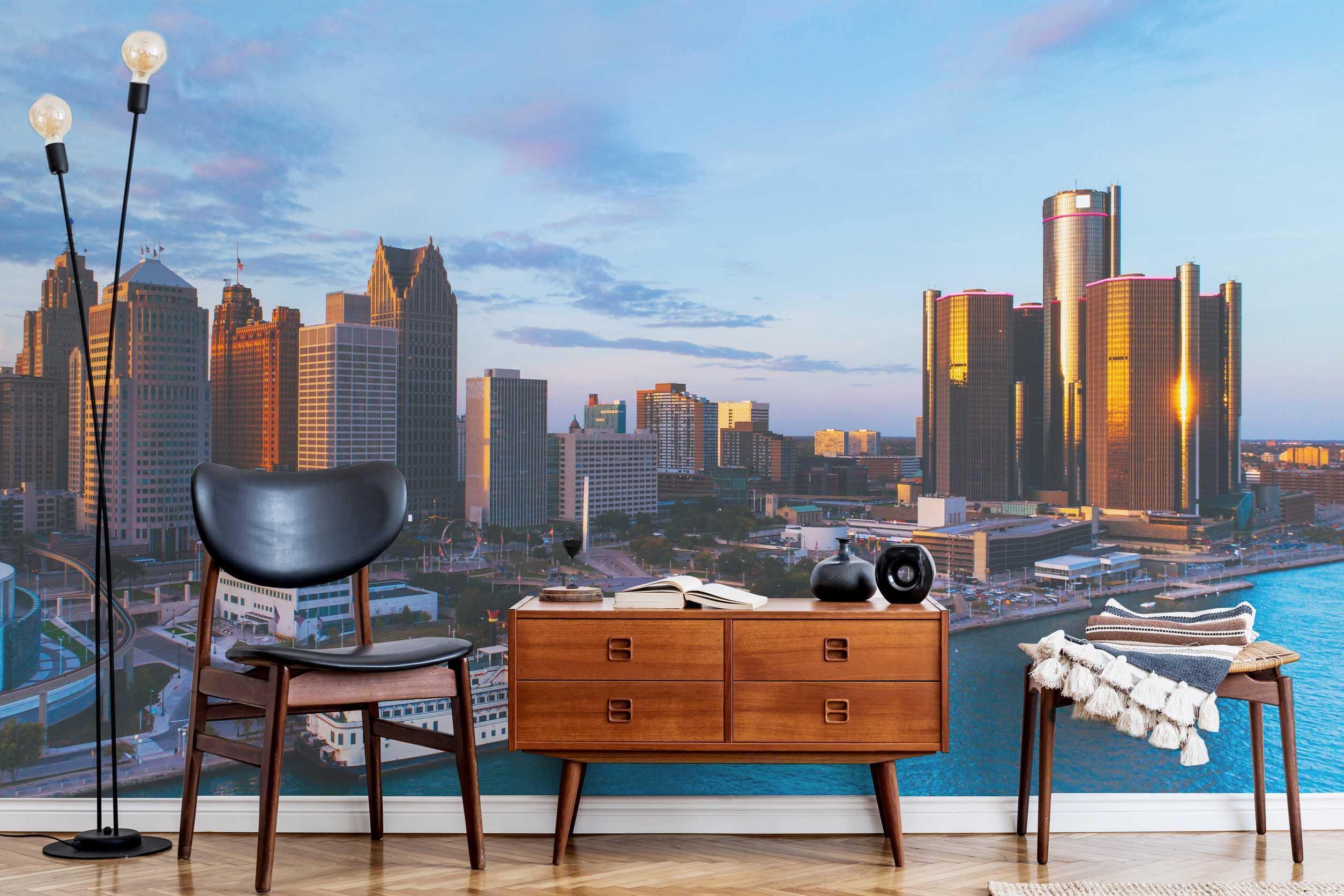 Downtown Detroit Sunset Skyline Wall Mural-Wall Mural-Eazywallz