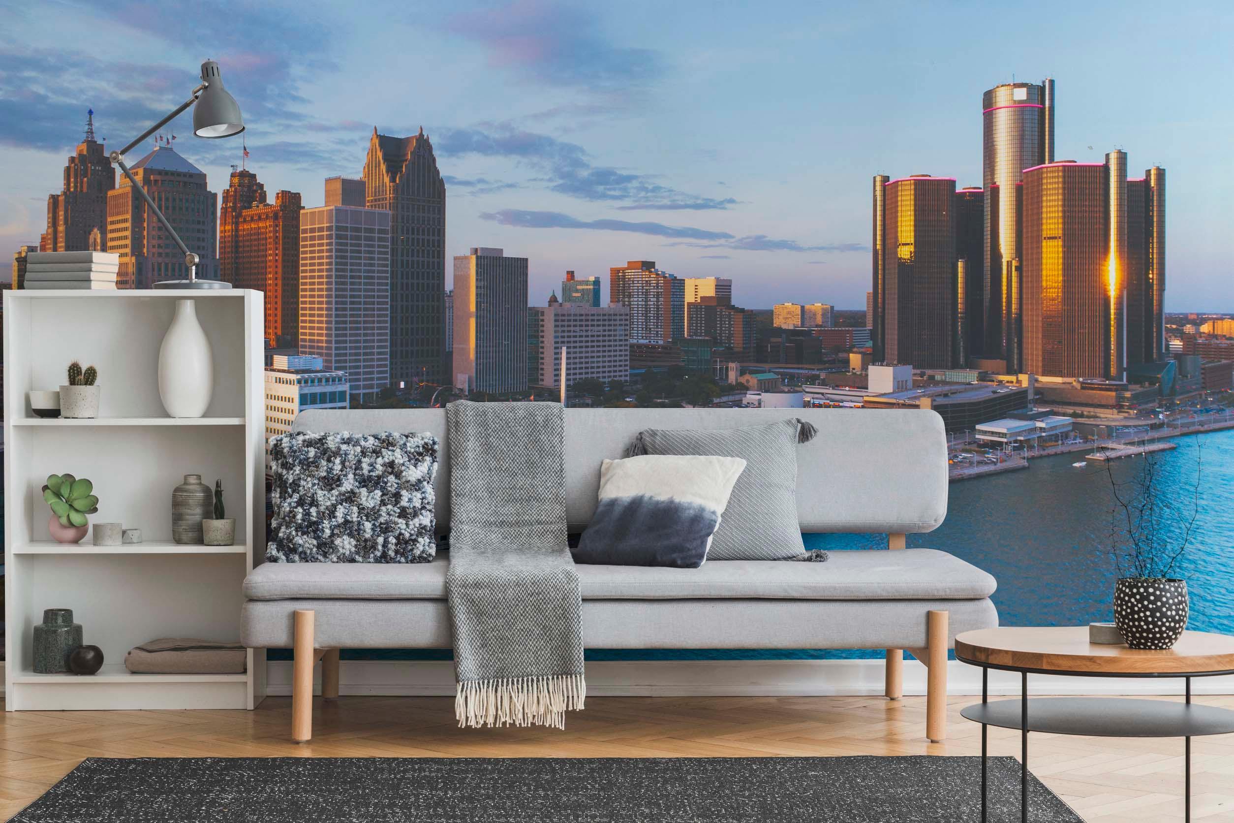 Downtown Detroit Sunset Skyline Wall Mural-Wall Mural-Eazywallz