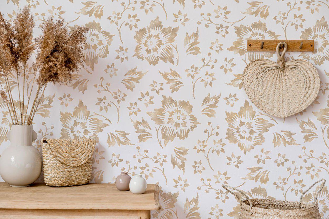 Golden Botanical Florals Wallpaper #437-Repeat Pattern Wallpaper-Eazywallz