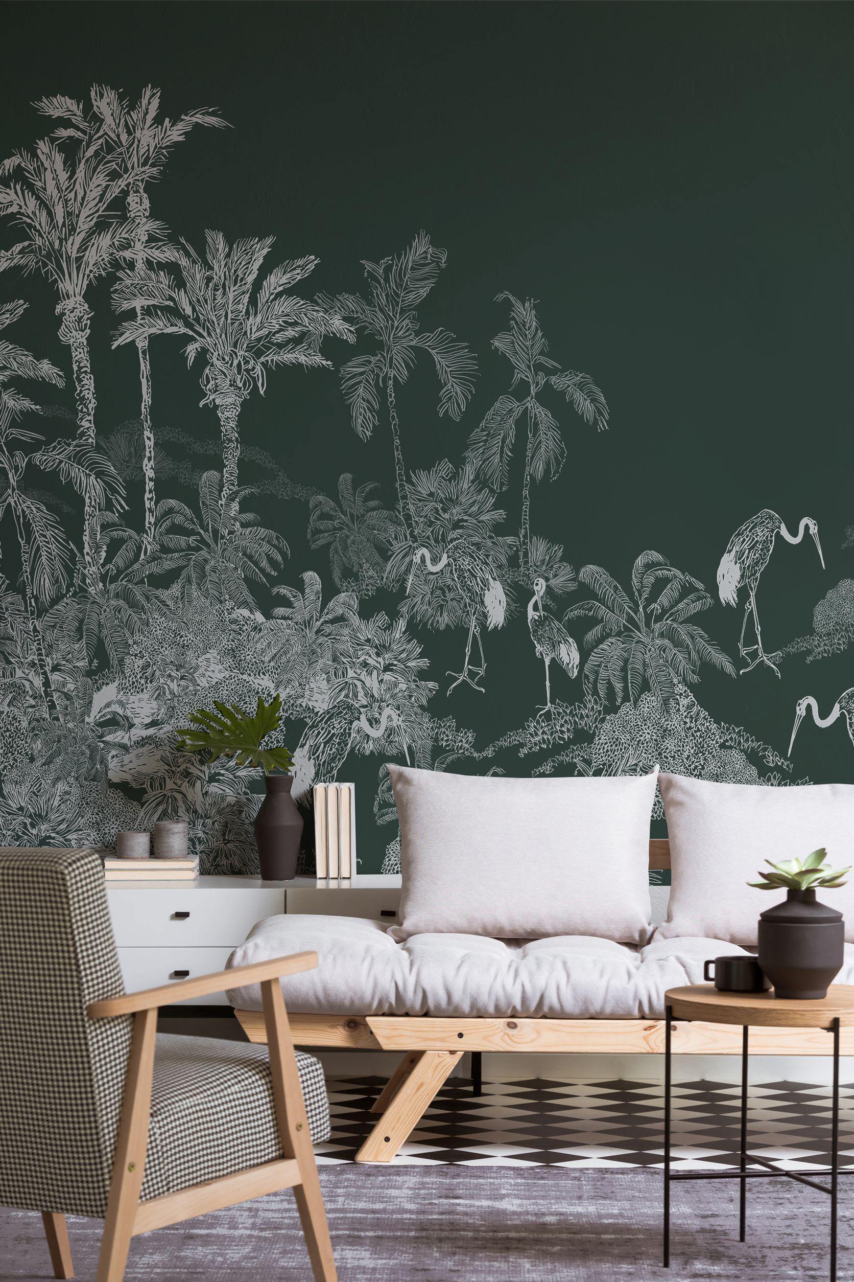Hunter Green Flamingo Toile Wall Mural-Wall Mural-Eazywallz