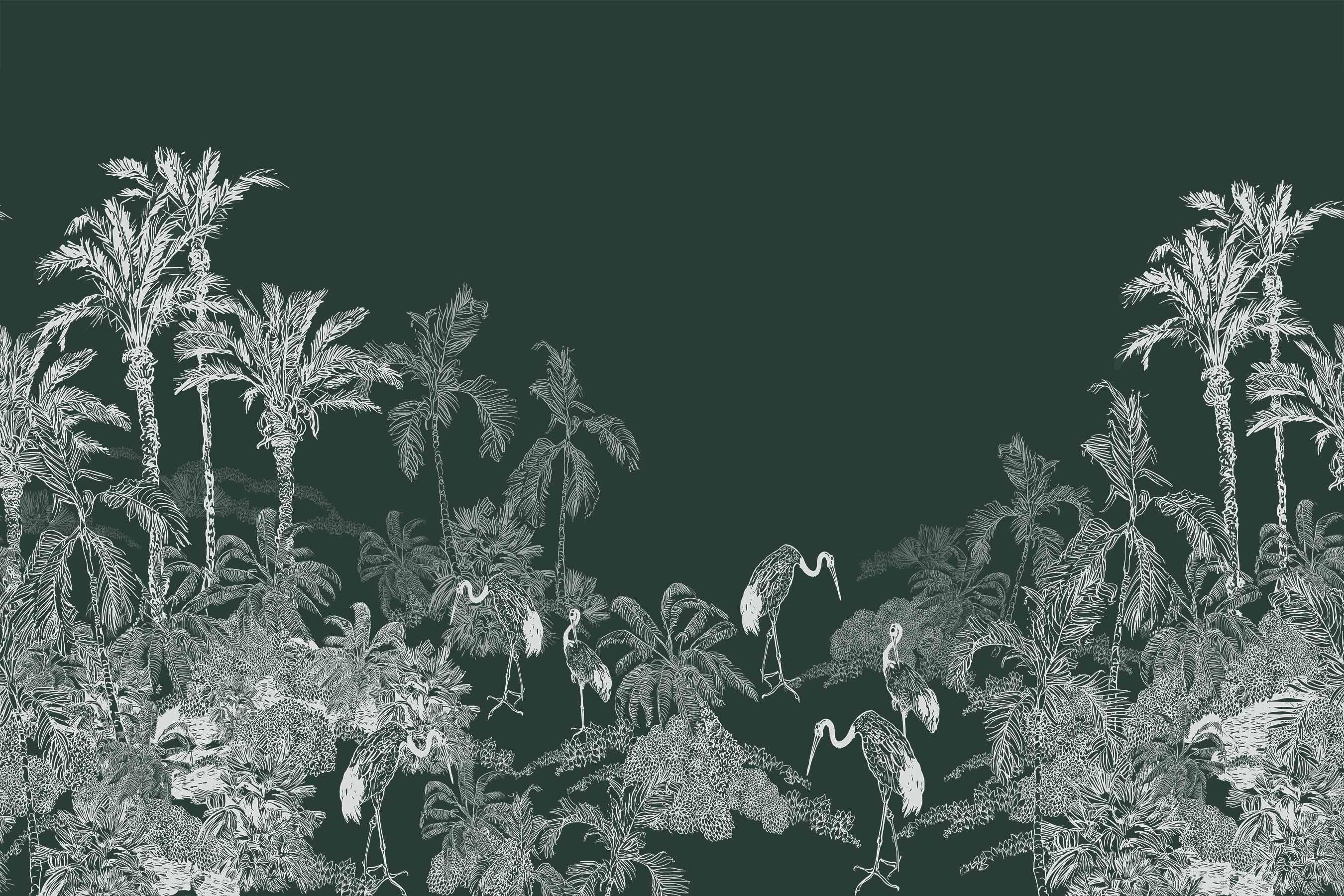 Hunter Green Flamingo Toile Wall Mural-Wall Mural-Eazywallz