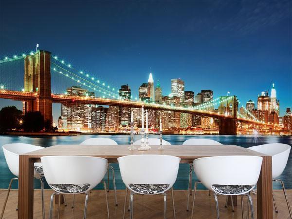 Illuminated Brooklyn Bridge at Night Wall Mural-Wall Mural-Eazywallz