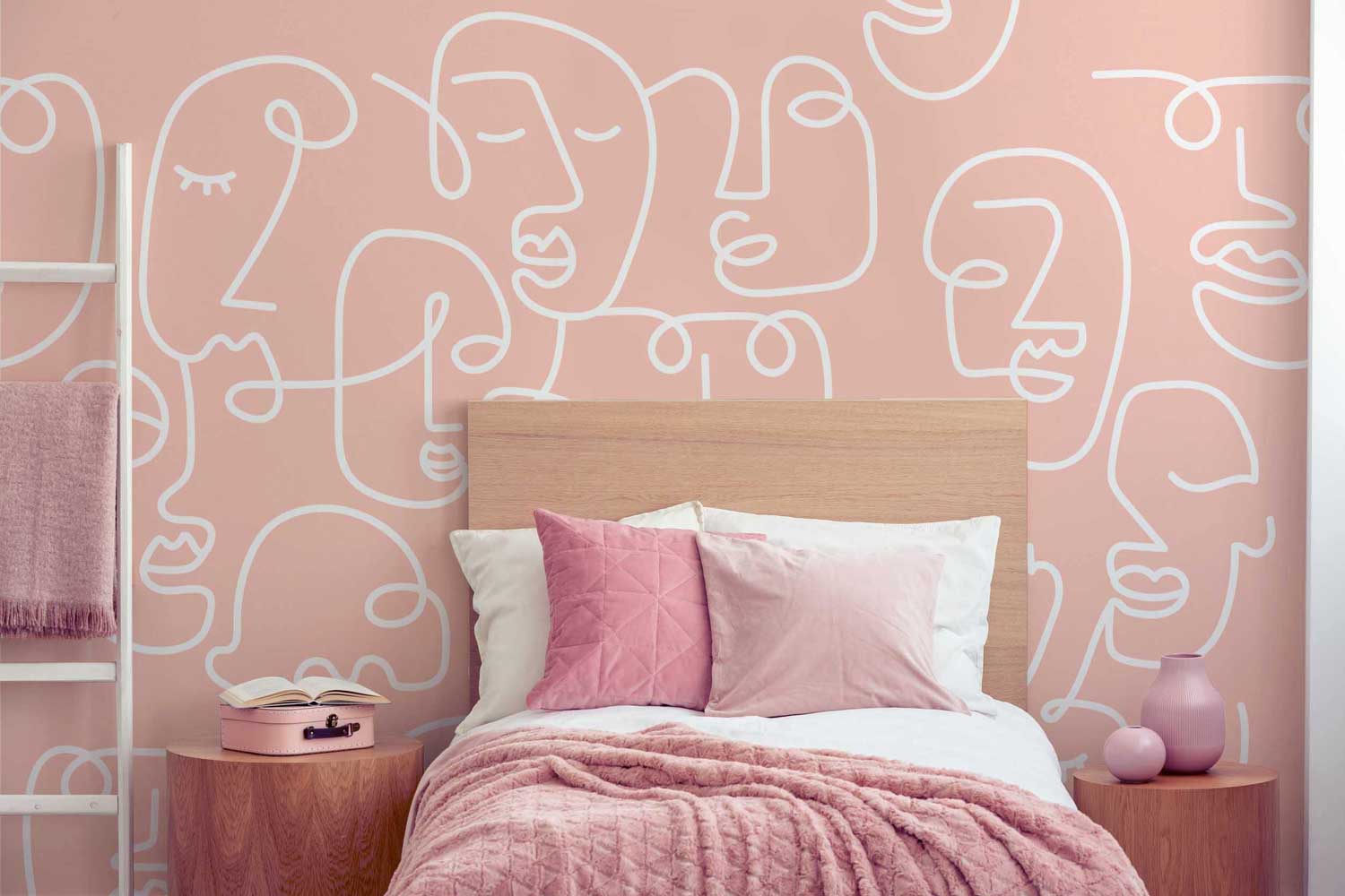 Pink Abstract Line Faces Wall Mural-Wall Mural-Eazywallz