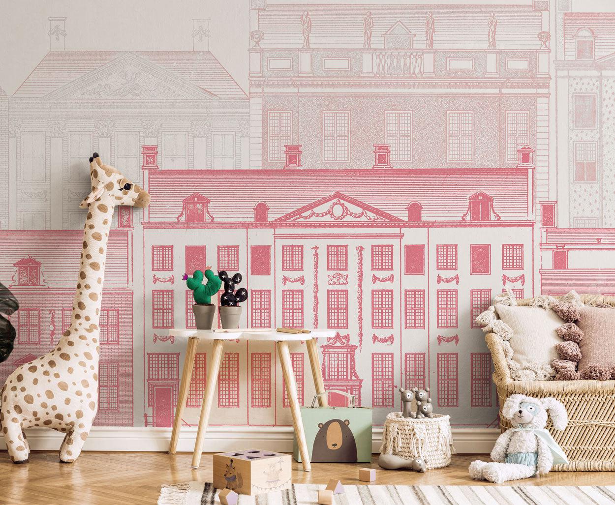 Pink Vintage European Buildings Wall Mural-Wall Mural-Eazywallz
