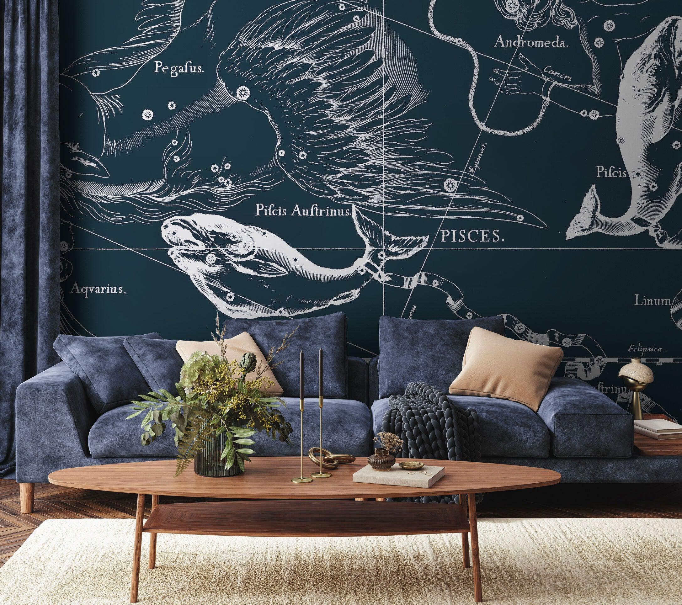 Pisces Constellation Map in Navy Wall Mural-Wall Mural-Eazywallz