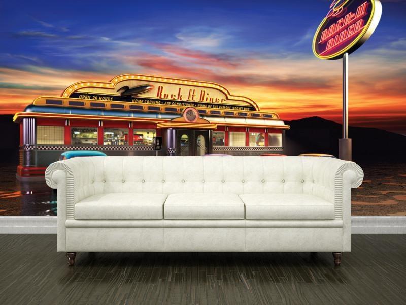 Retro american diner at dusk Wall Mural-Wall Mural-Eazywallz