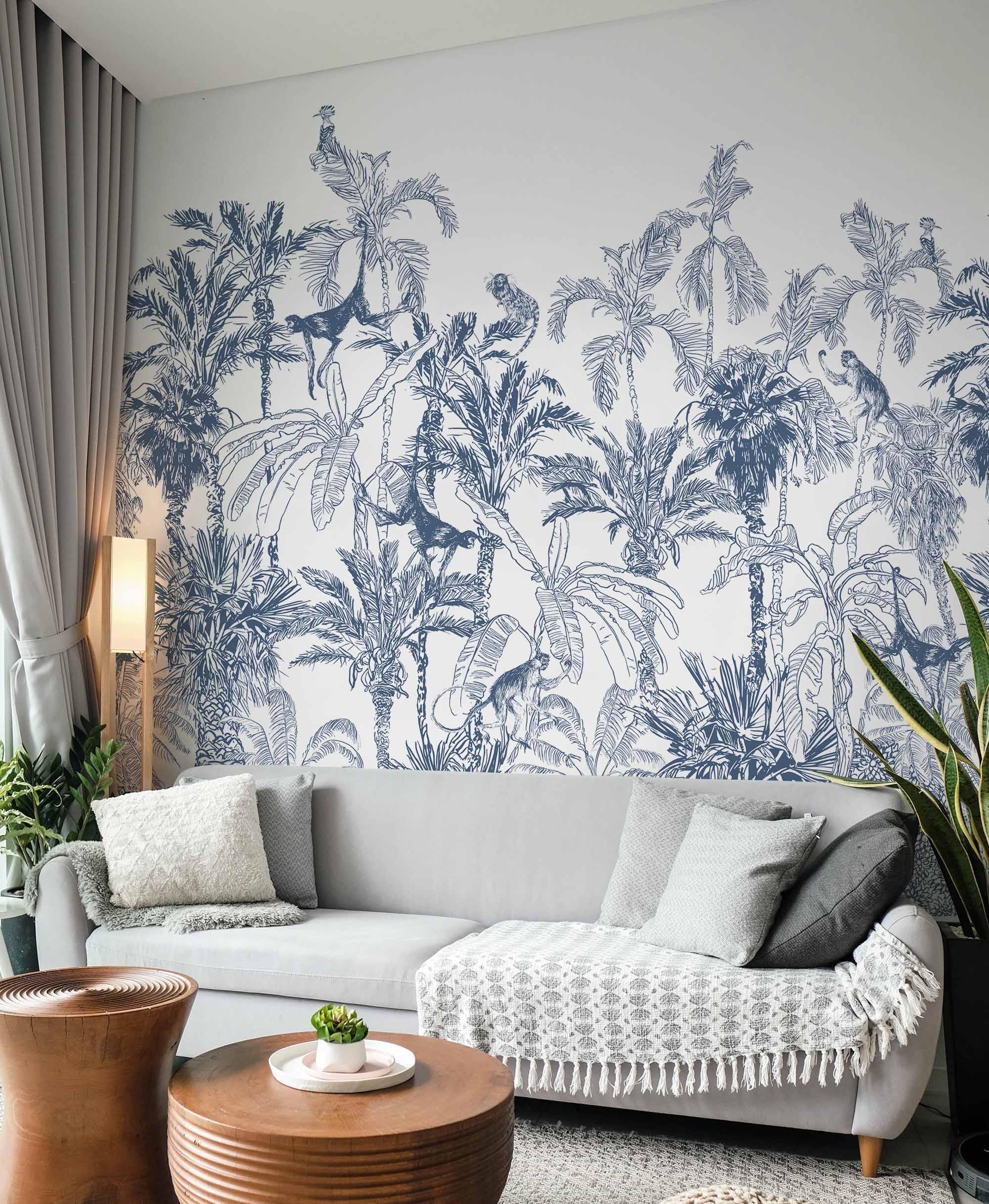 Royal Blue Jungle Toile Wall Mural-Wall Mural-Eazywallz