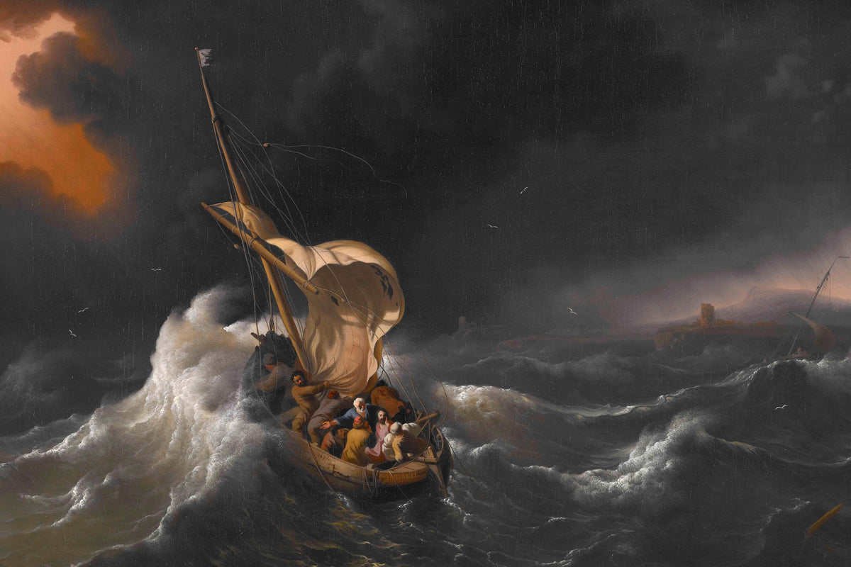 Cuadro Mural En Lienzo No Tejido De Un Barco En Tormenta, Gris Y Multicolor, Estilo Marinero