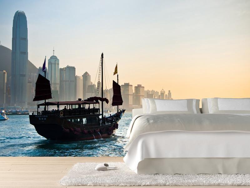 Traditional Chinese Boat against Hong Kong skyline Wall Mural-Wall Mural-Eazywallz