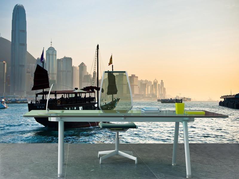 Traditional Chinese Boat against Hong Kong skyline Wall Mural-Wall Mural-Eazywallz