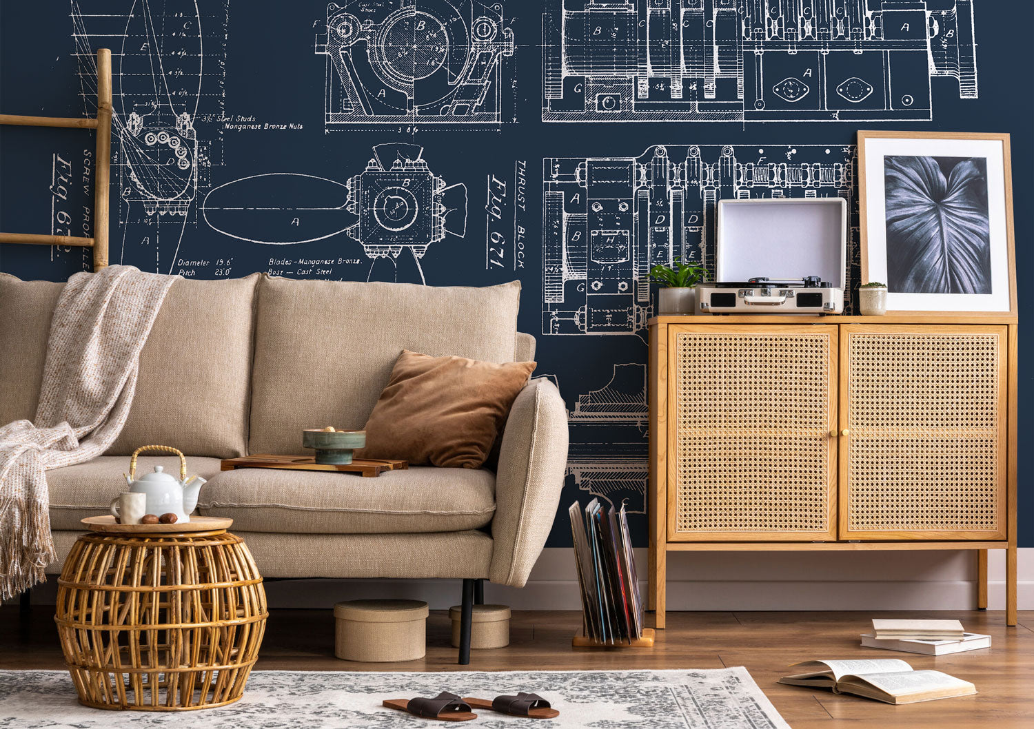 Vintage Boat Engine Blueprint Wall Mural