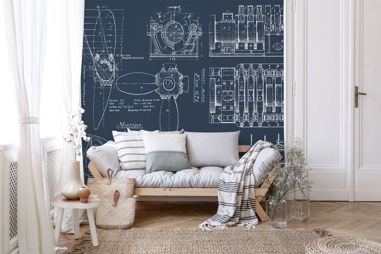 Vintage Boat Engine Blueprint Wall Mural