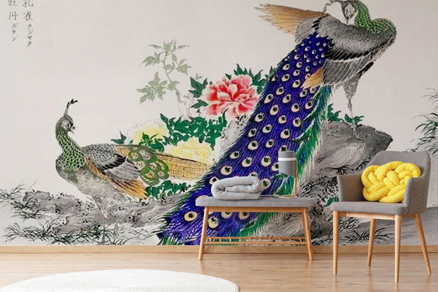 Vintage Peacock and Peony Wallpaper Mural-Wall Mural-Eazywallz