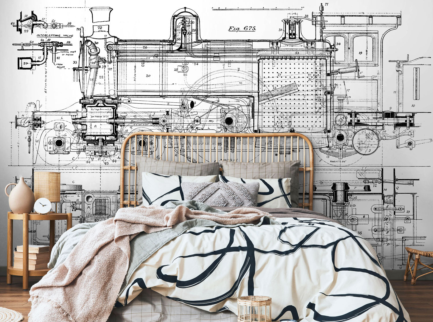 Black & White Vintage Train Blueprint Wall Mural