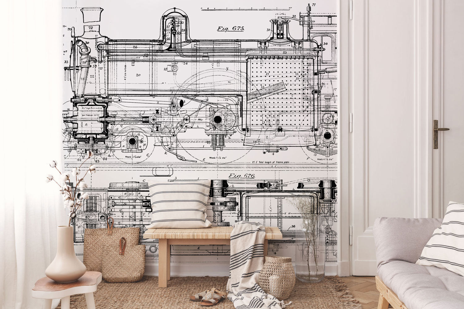 Black & White Vintage Train Blueprint Wall Mural