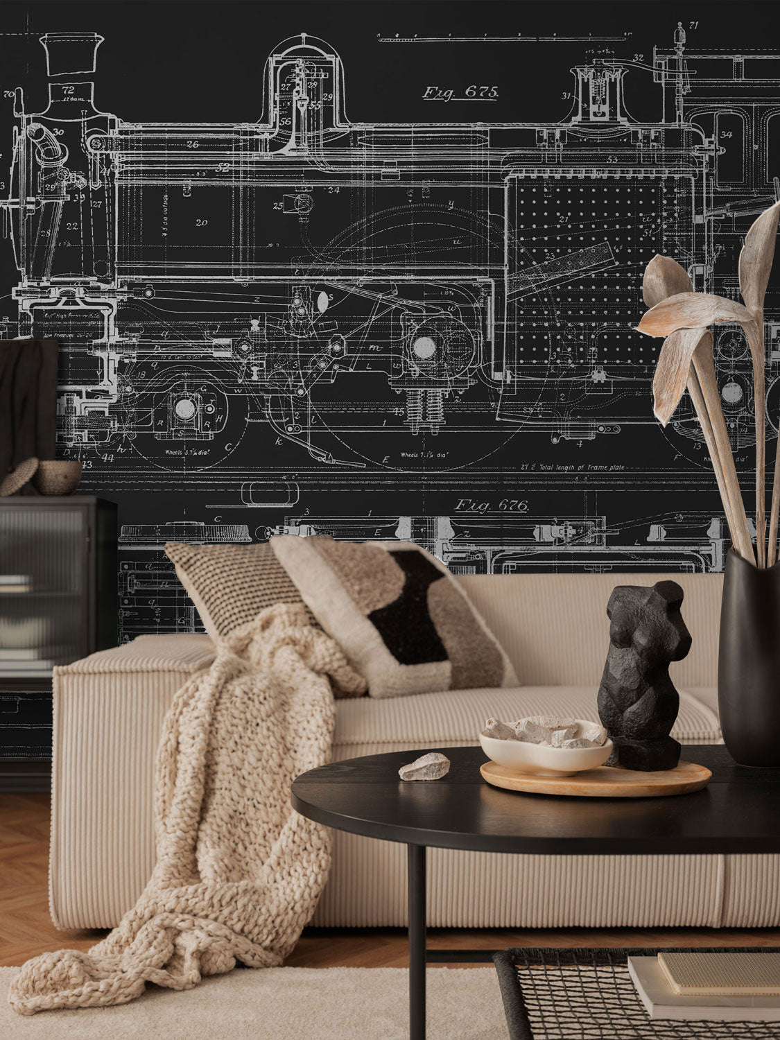 Charcoal Vintage Train Blueprint Wall Mural