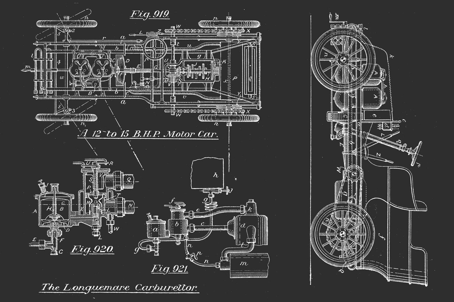 Charcoal Vintage Motor Car Blueprint Wall Mural