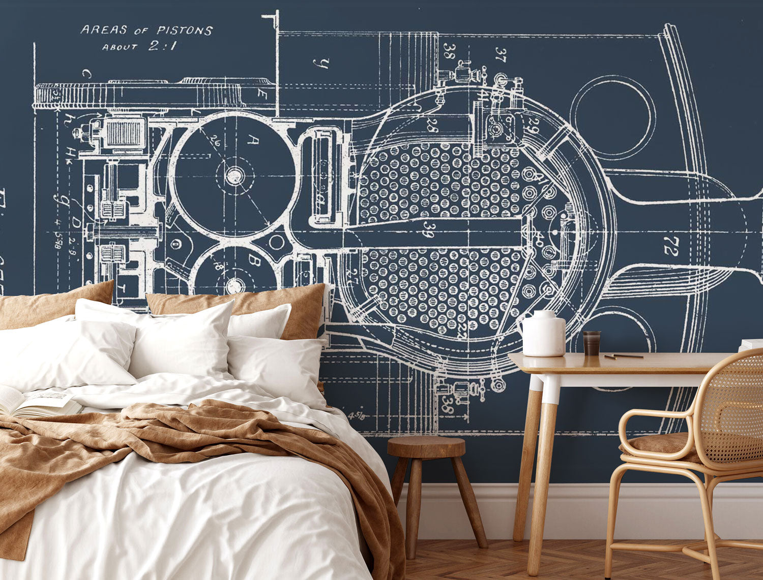 Vintage Piston Blueprint Wall Mural