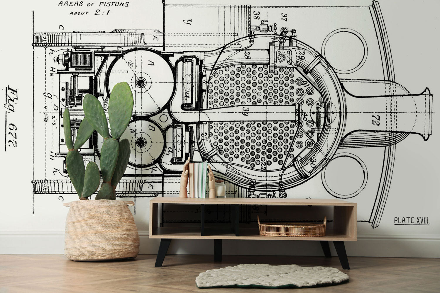 Black and White Vintage Piston Blueprint Wall Mural