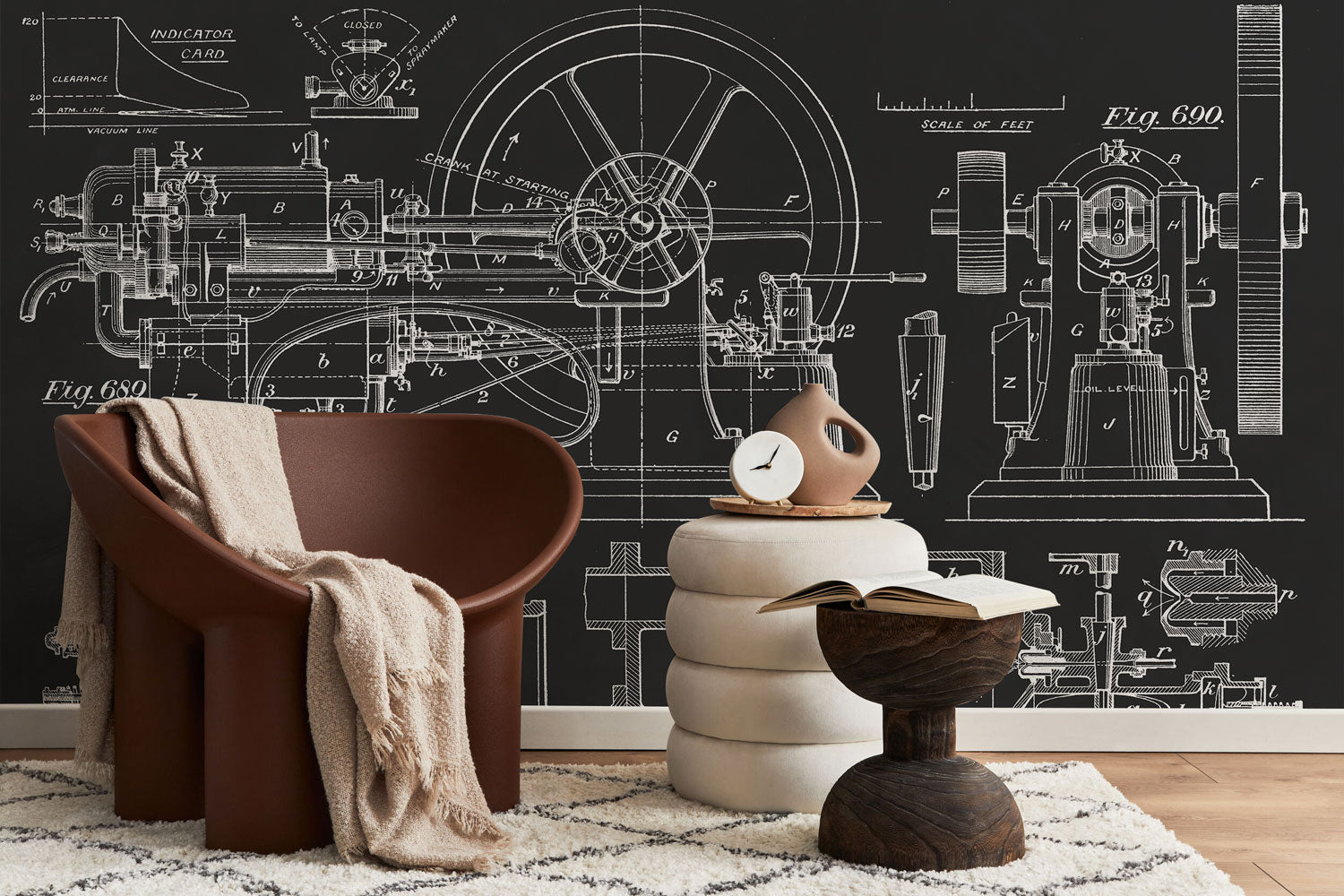 Charcoal Vintage Steam Engine Blueprint Wall Mural