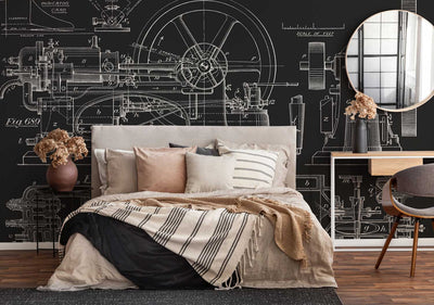 Charcoal Vintage Steam Engine Blueprint Wall Mural