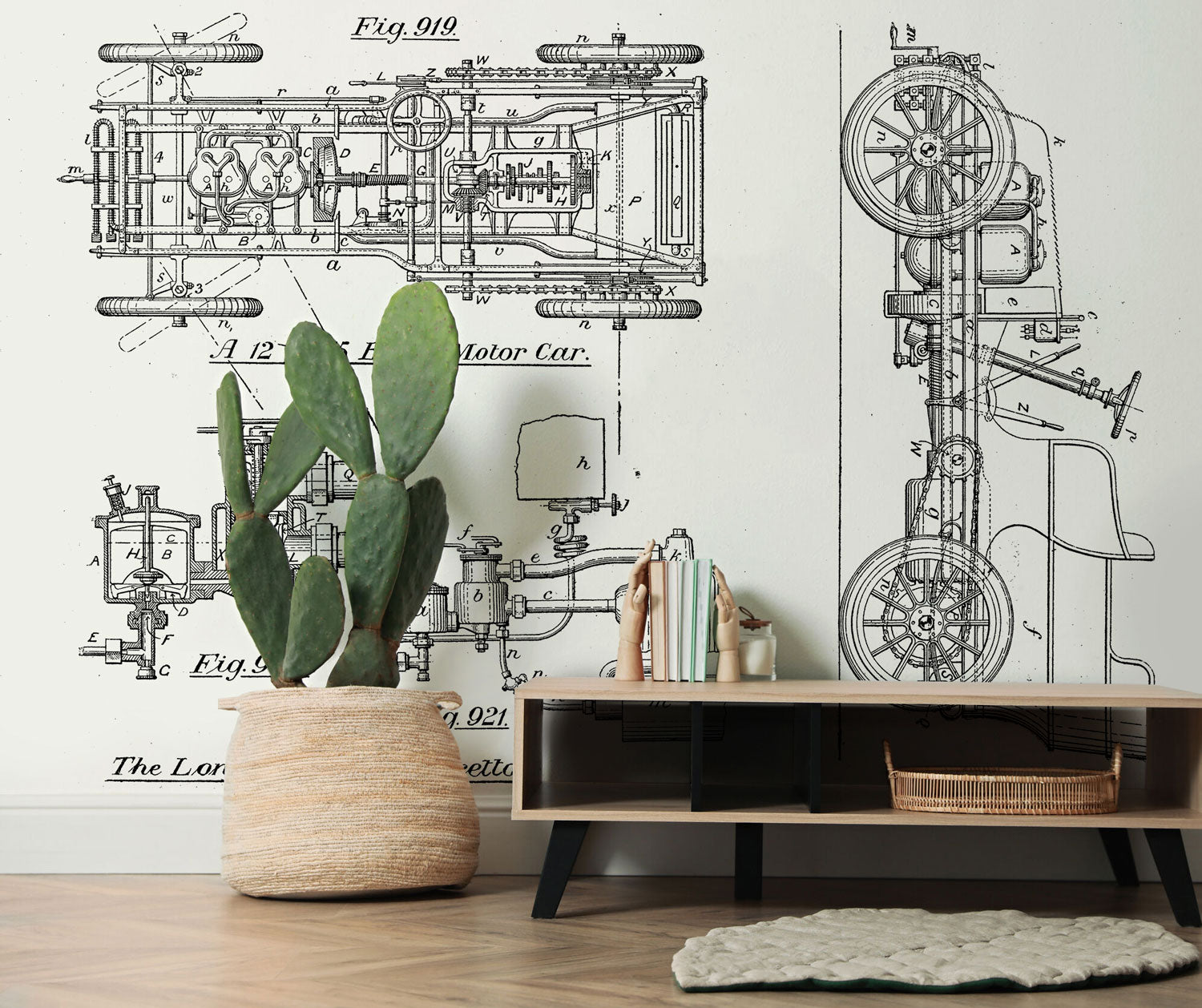 Black & White Vintage Motor Car Blueprint Wall Mural