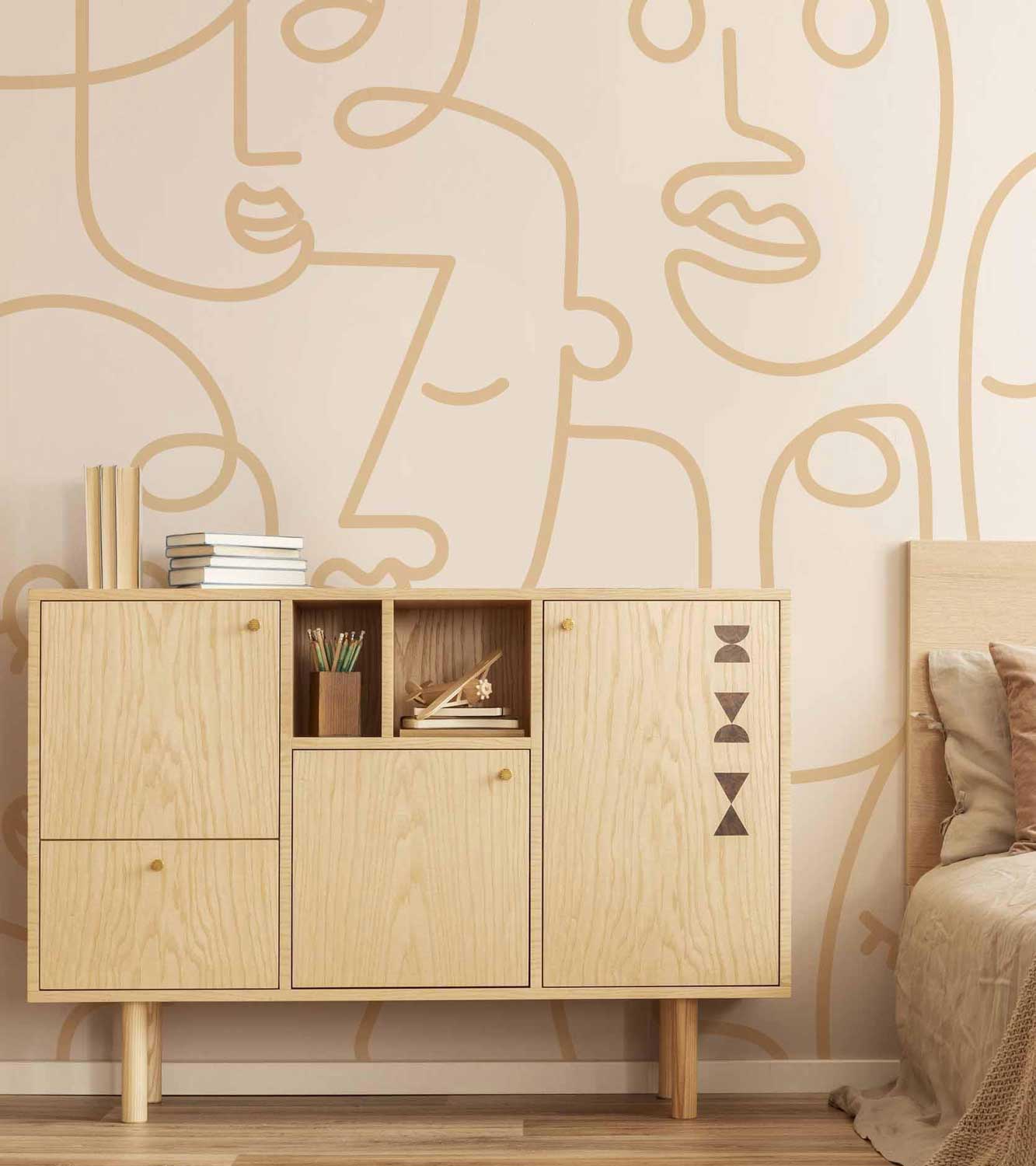 White Gold Abstract Line Faces Wall Mural-Wall Mural-Eazywallz