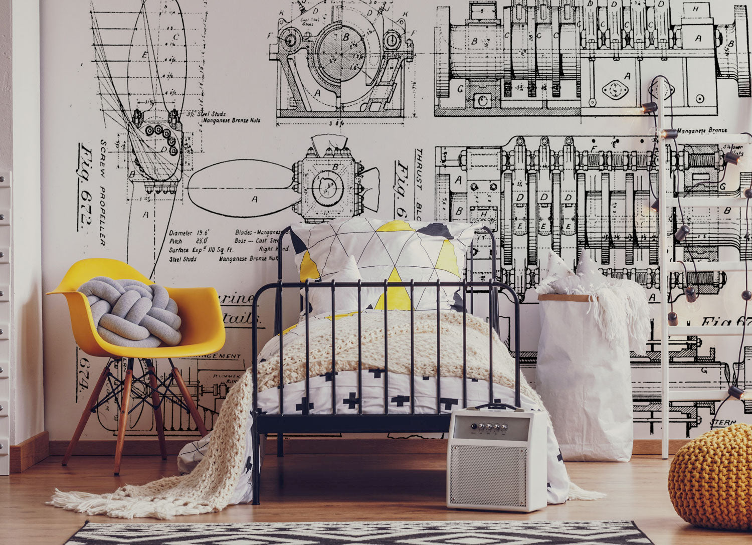 Black & White Vintage Boat Engine Blueprint Wall Mural