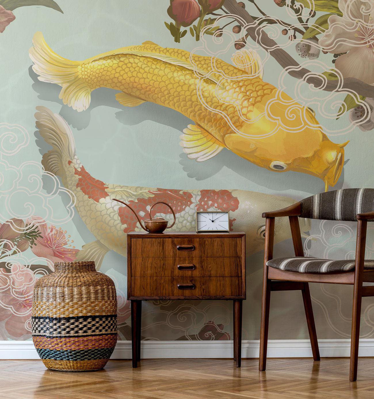 Yellow Japanese Koi Wall Mural-Wall Mural-Eazywallz