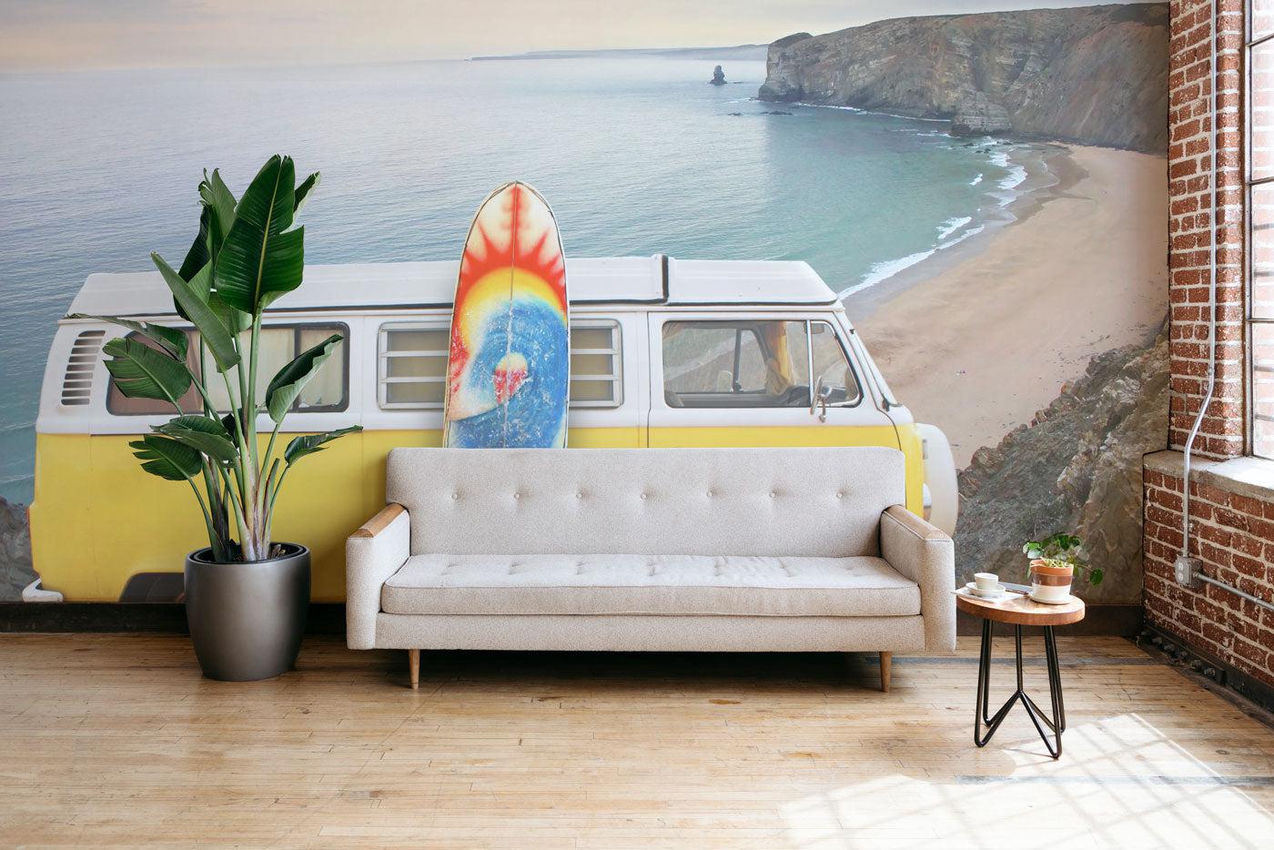 Yellow van with a surf board at the beach Wall Mural-Wall Mural-Eazywallz