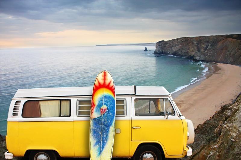 Yellow van with a surf board at the beach Wall Mural-Wall Mural-Eazywallz