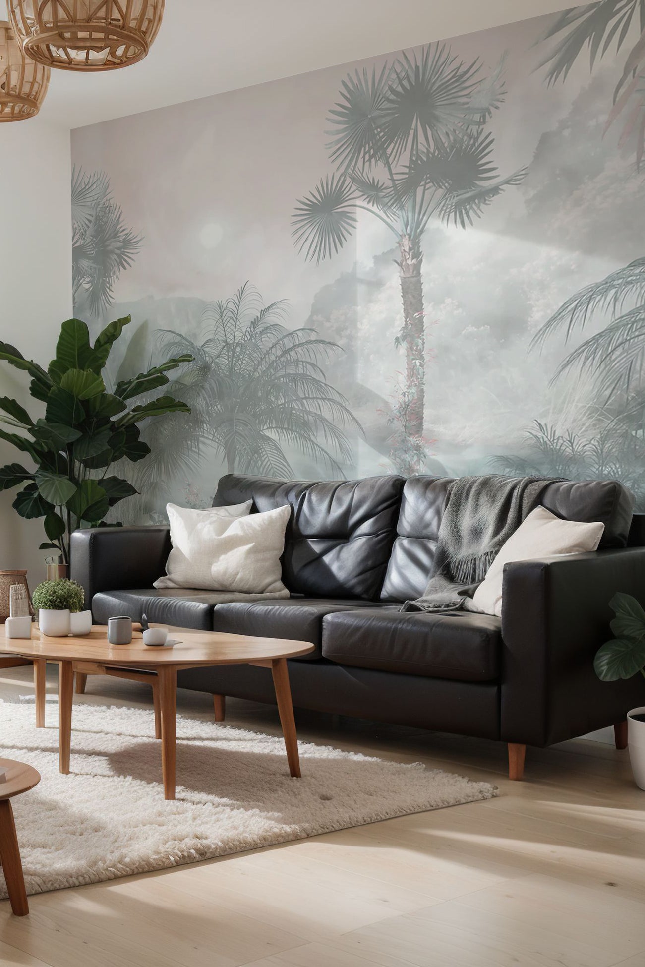 tropical wall mural in a living space