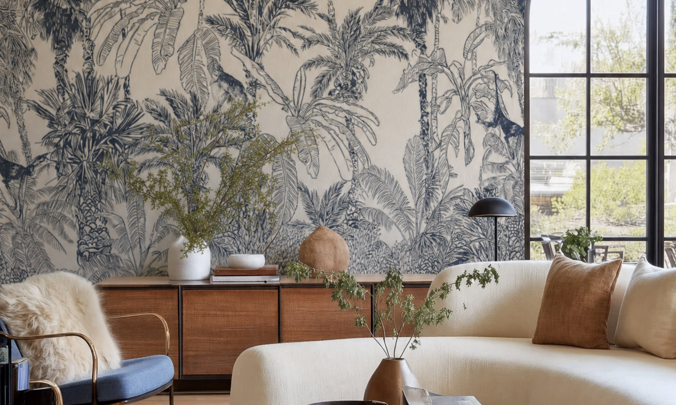 jungle toile wallpaper mural in a modern living room 