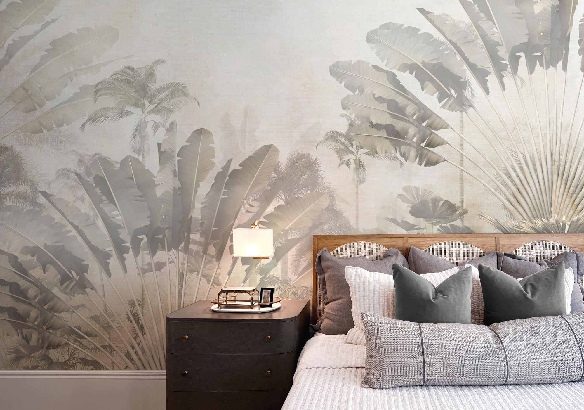tropical neutral color wallpaper mural in a bedroom 