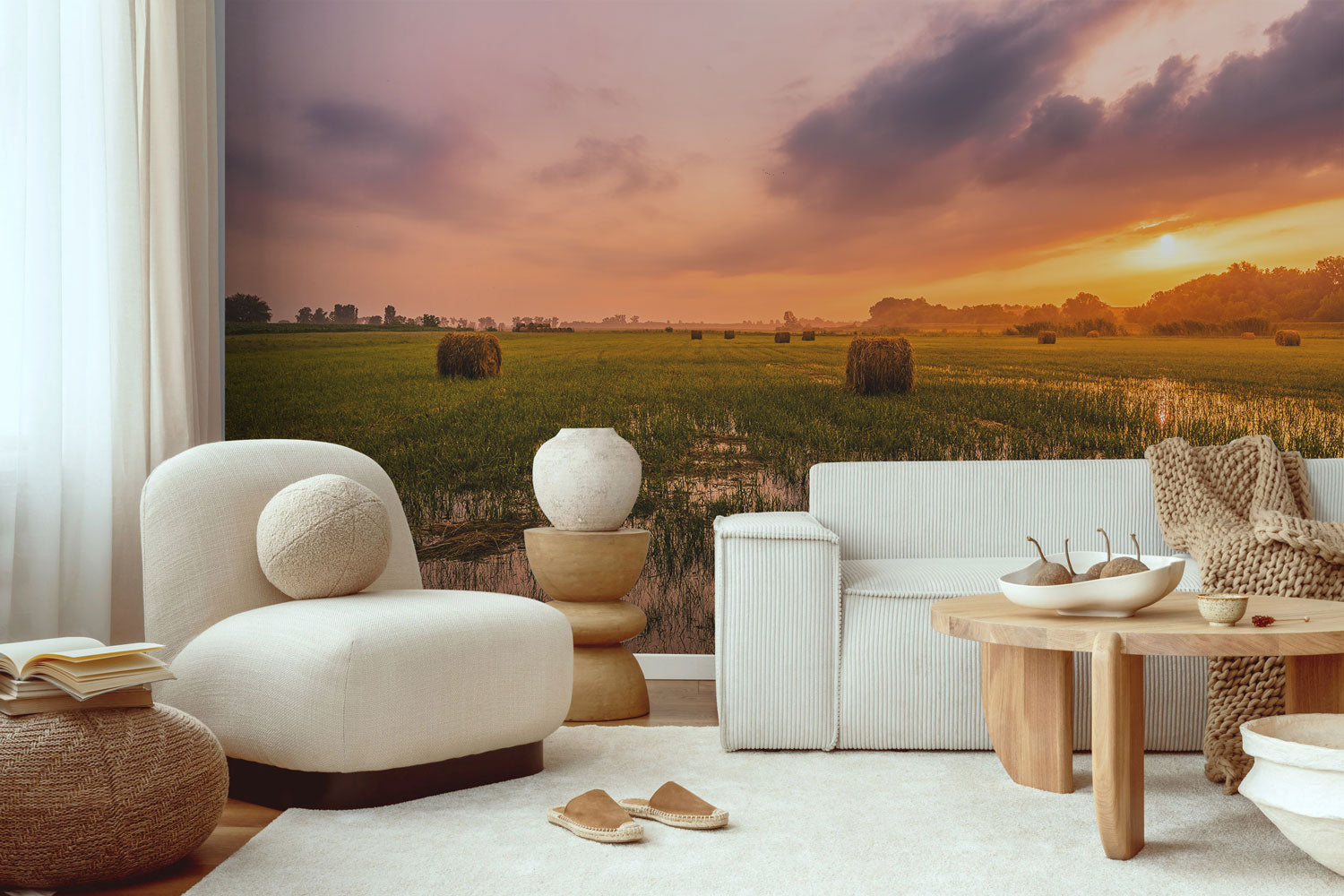 Autumn Sunrise Over Hay Field Wall Mural